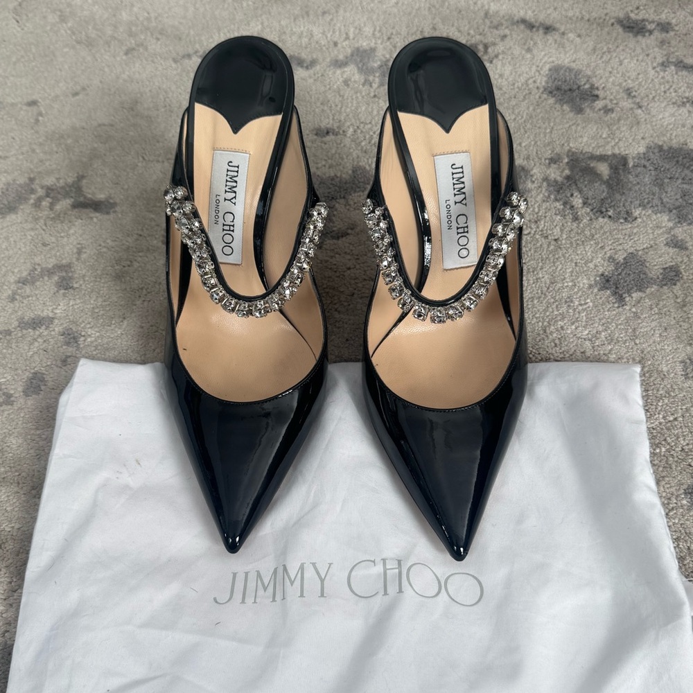 Jimmy Choo Bing 100 Black Patent Pumps Mules Heels w/ Crystal Strap 38.5